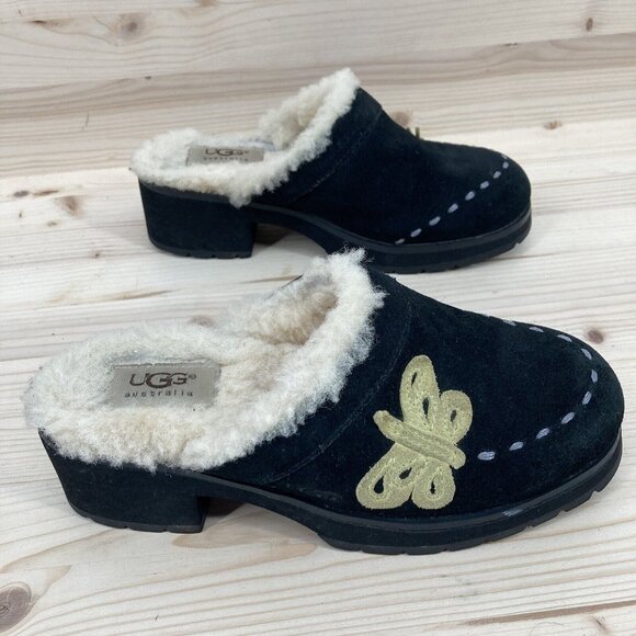 Ugg Little Girls Suede Platform Clogs Size 2 Black Chunky Slip On Shearling Y2K - Picture 3 of 16